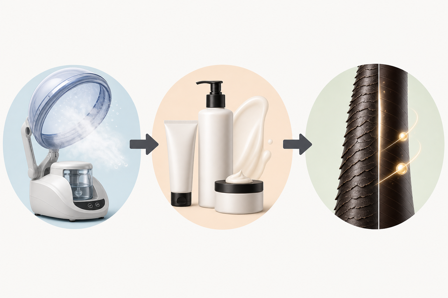 Máy hấp tóc nano phun sương ở bên trái, bộ sản phẩm dưỡng tóc ở giữa và sợi tóc ở bên phải với mũi tên liên kết giữa các phần