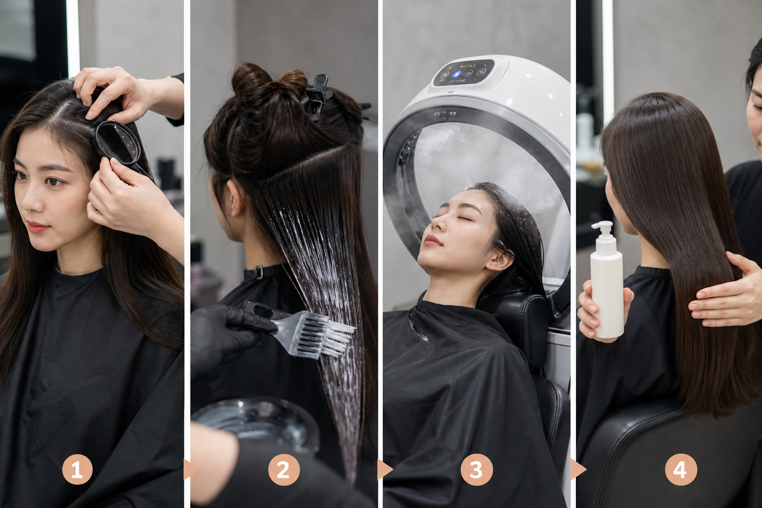 Bốn bước hấp tóc nano tại salon: soi chân tóc, thoa sản phẩm lên tóc, đưa tóc vào máy hấp và dưỡng tóc bằng chai xịt