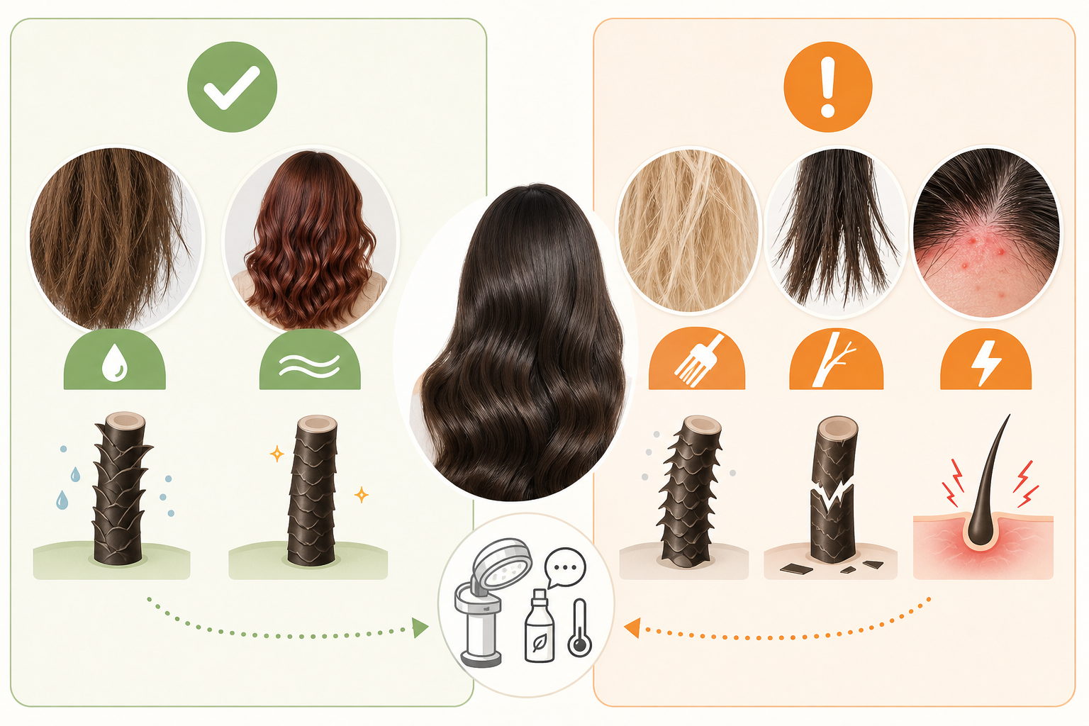 Sơ đồ so sánh hấp tóc nano là gì với tóc khô xơ, tóc bóng mượt và các dấu hiệu tóc hoặc da đầu cần thận trọng