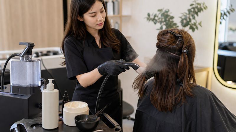 Thợ làm tóc đang dùng máy phun sương lên phần tóc của khách trong salon, bên cạnh khay đựng sản phẩm dưỡng tóc