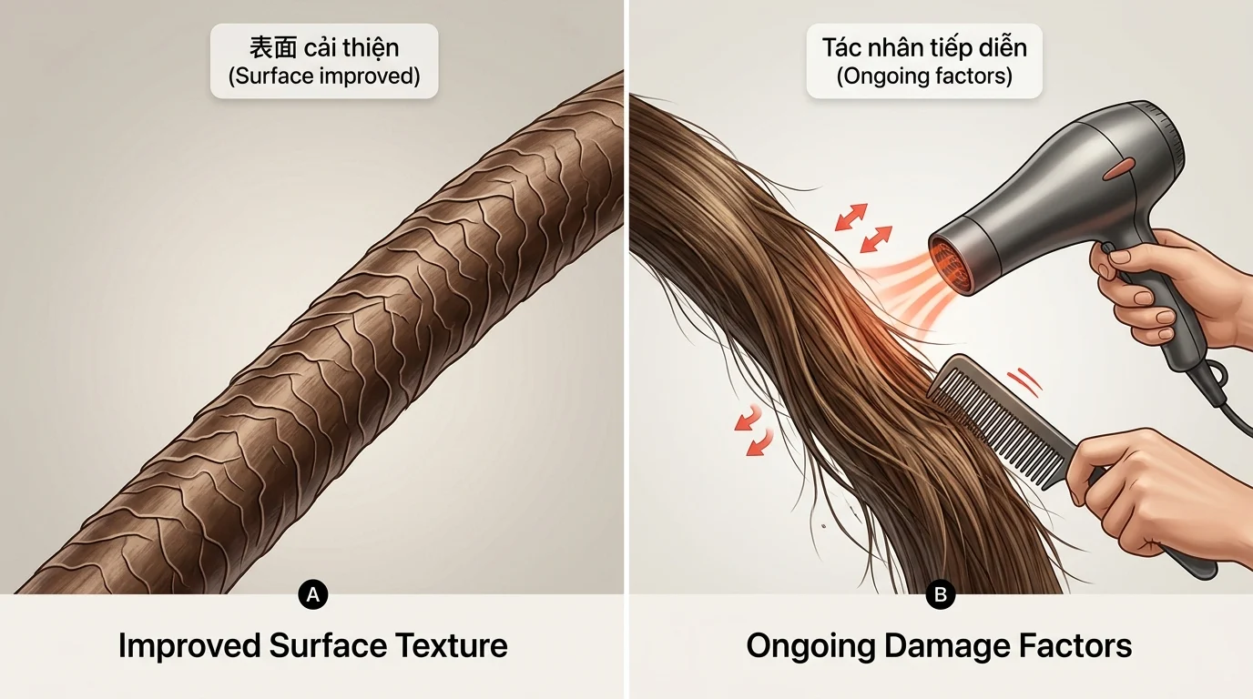 Minh họa sợi tóc ở hai trạng thái, một bên bề mặt cải thiện và một bên đang bị máy sấy thổi nóng, chải tóc.