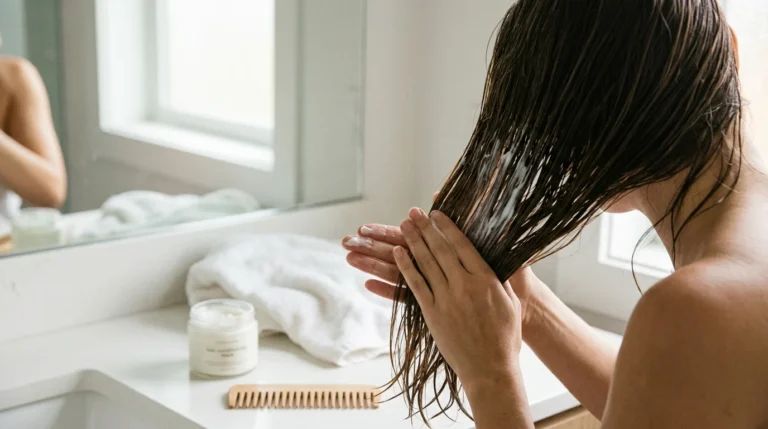 Một người đang thoa kem lên phần tóc ướt trong phòng tắm, cạnh đó có lọ sản phẩm và lược trên bàn