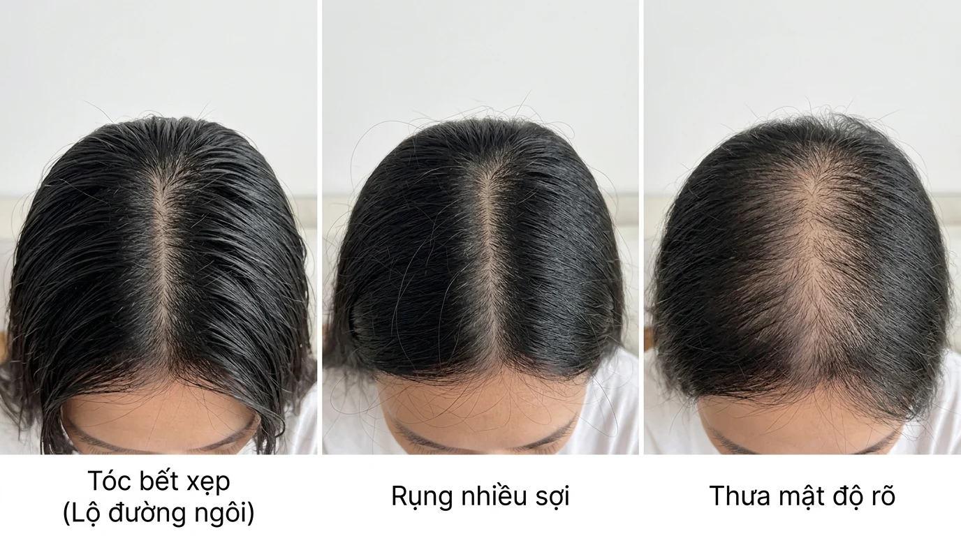 Ba ảnh chụp đỉnh đầu với tóc rẽ ngôi, từ tóc bết xẹp đến thưa tóc rõ hơn ở đường ngôi.