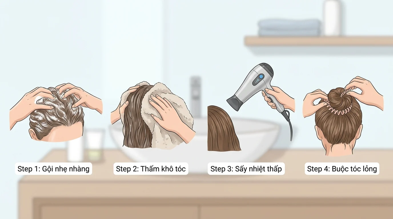 Các bước chăm sóc tóc gồm gội nhẹ, thấm khô, sấy nhiệt thấp và buộc tóc lỏng trong phòng tắm