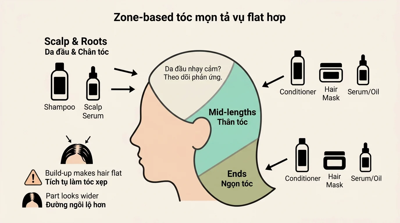 Sơ đồ chia vùng tóc và da đầu với các biểu tượng shampoo, scalp serum, conditioner, hair mask, serum/oil và mặt người nhìn nghiêng.