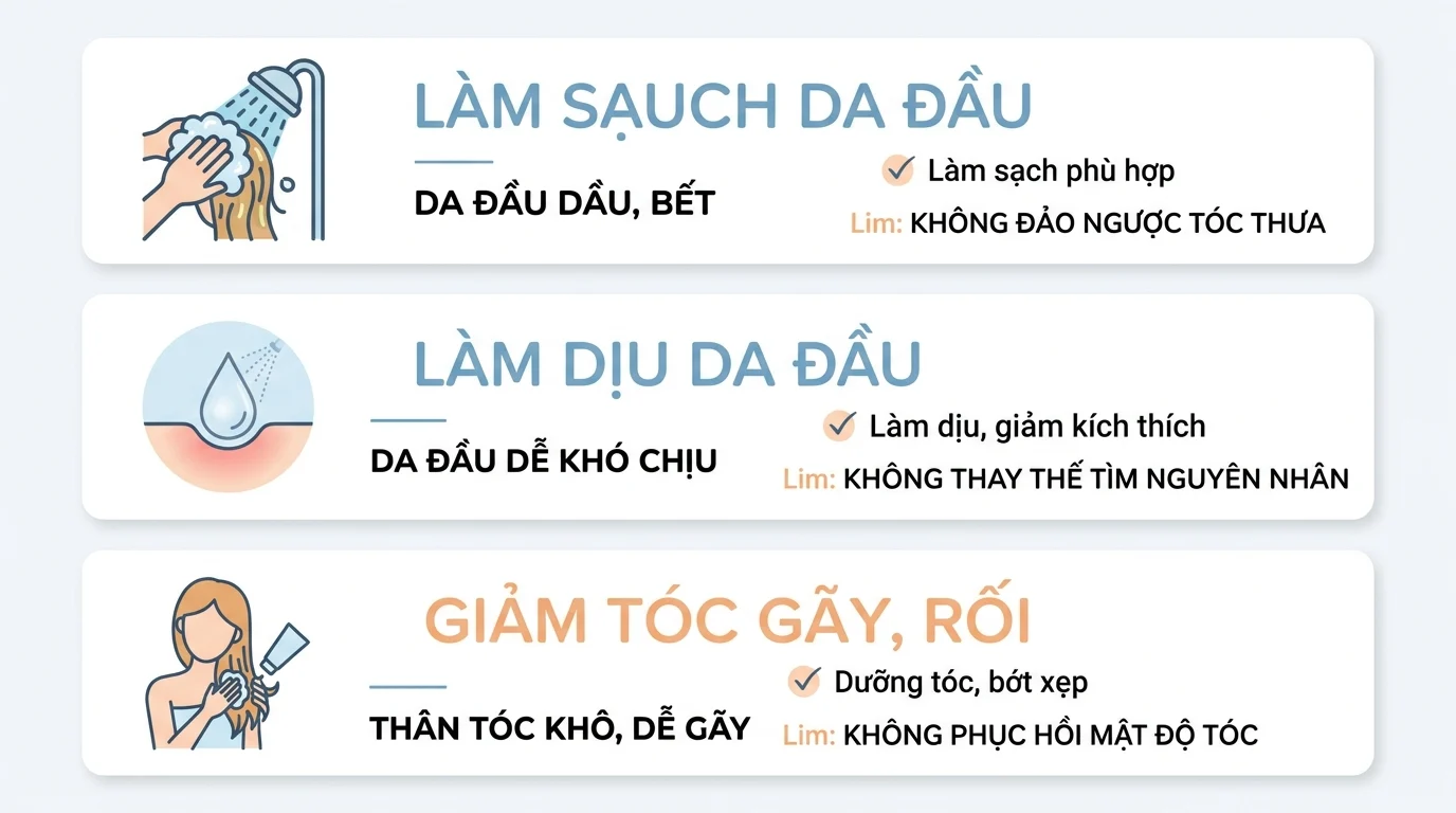 Ba khung thông tin minh họa về làm sạch, làm dịu da đầu và giảm tóc gãy rụng bằng sản phẩm chăm sóc tóc.