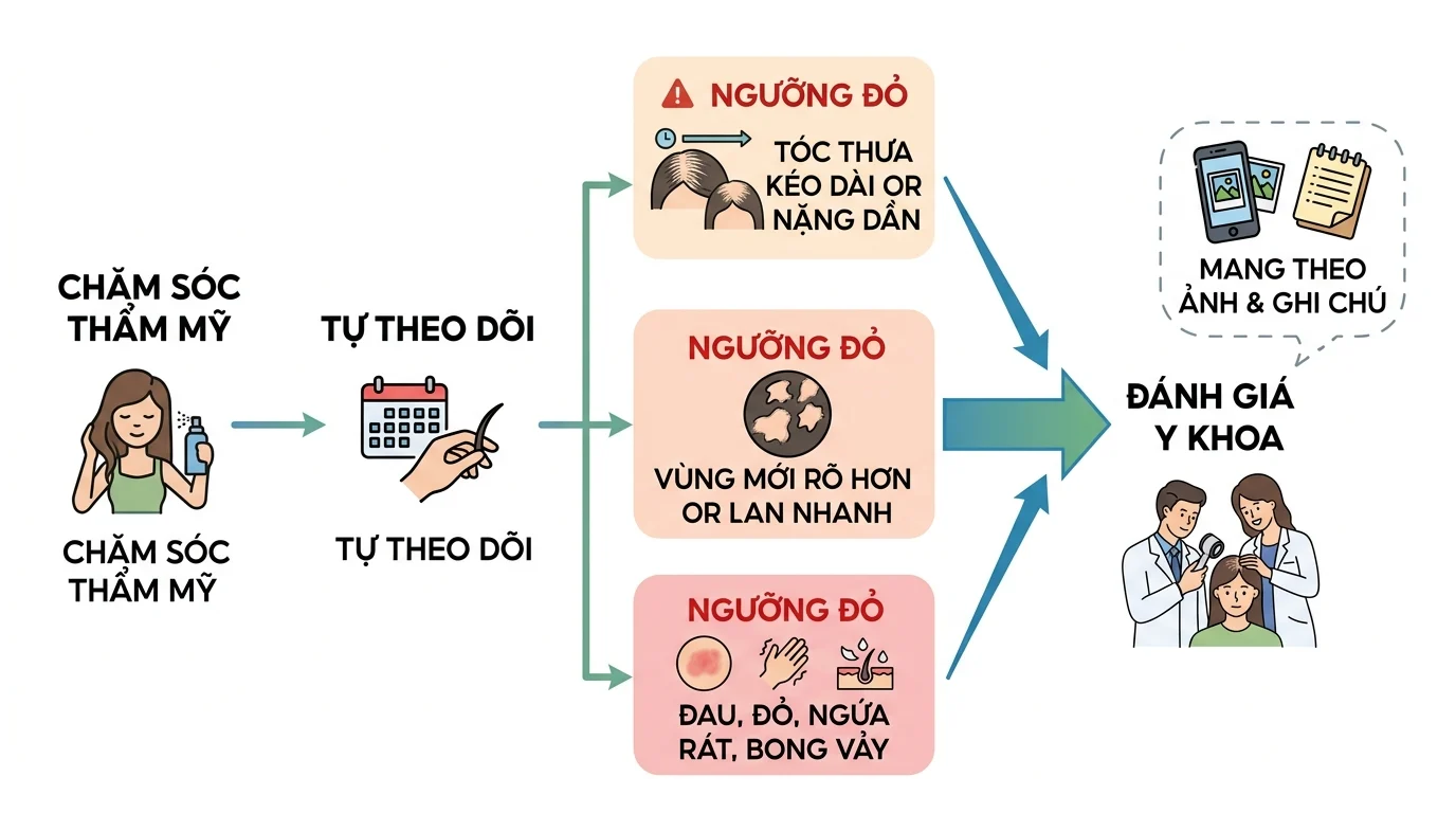 Sơ đồ chẩn đoán hói đầu với các ngưỡng đỏ gồm tóc thưa kéo dài, vùng mới rõ hơn hoặc lan nhanh, kèm đau rát và bong vảy da đầu.