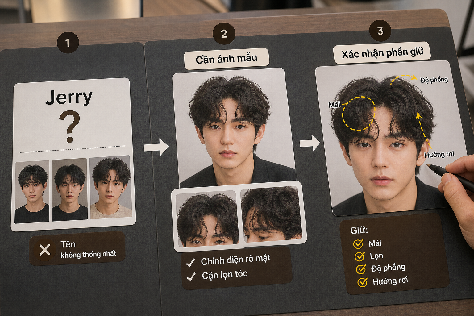 Bảng hướng dẫn xác nhận kiểu tóc đặc biệt Jerry với ảnh mẫu, mũi tên và ghi chú về mái, lọn, độ phồng, hướng rơi.