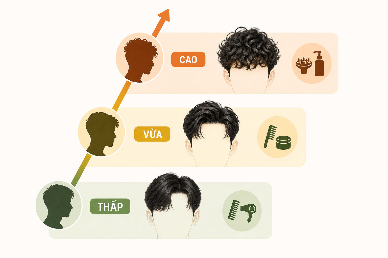 Biểu đồ ba mức kiểu tóc đặc biệt với tóc ngắn từ thấp đến cao, kèm các biểu tượng lược và dụng cụ chăm tóc.