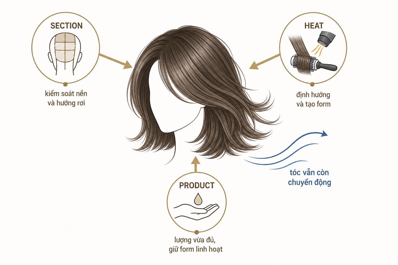 Minh họa kiểu tóc đặc biệt với mái tóc ngắn bay nhẹ, kèm sơ đồ section, heat và product trên nền trắng.