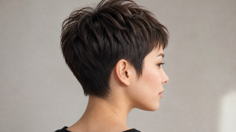 Người mẫu nữ chụp nghiêng với kiểu tóc pixie ngắn, phần tóc trên đỉnh tạo độ phồng và gáy cắt gọn trên nền xám.