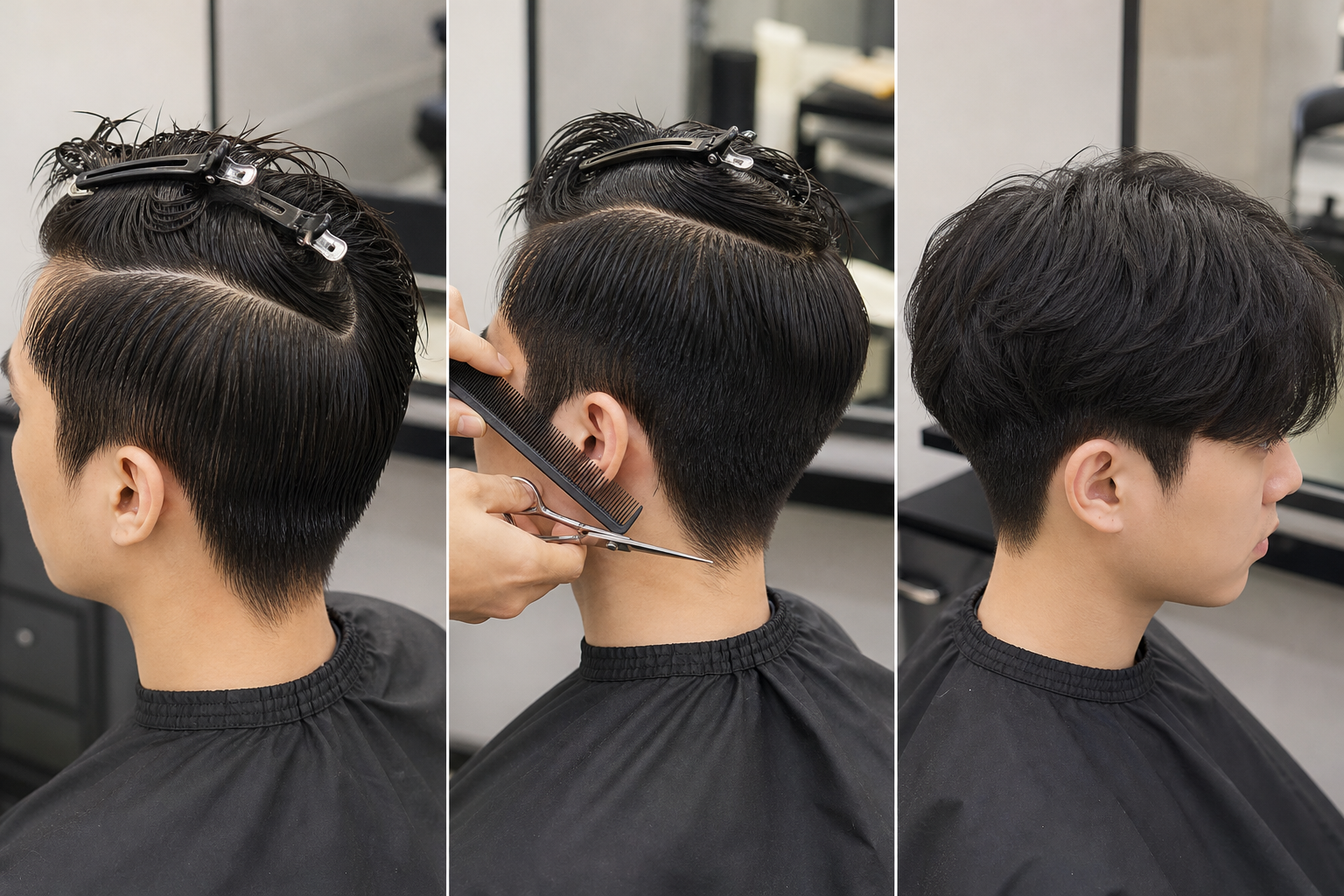 Tóc nam được chia khối và cắt tỉa phần gáy trong quy trình kỹ thuật cắt tóc two block tại salon.