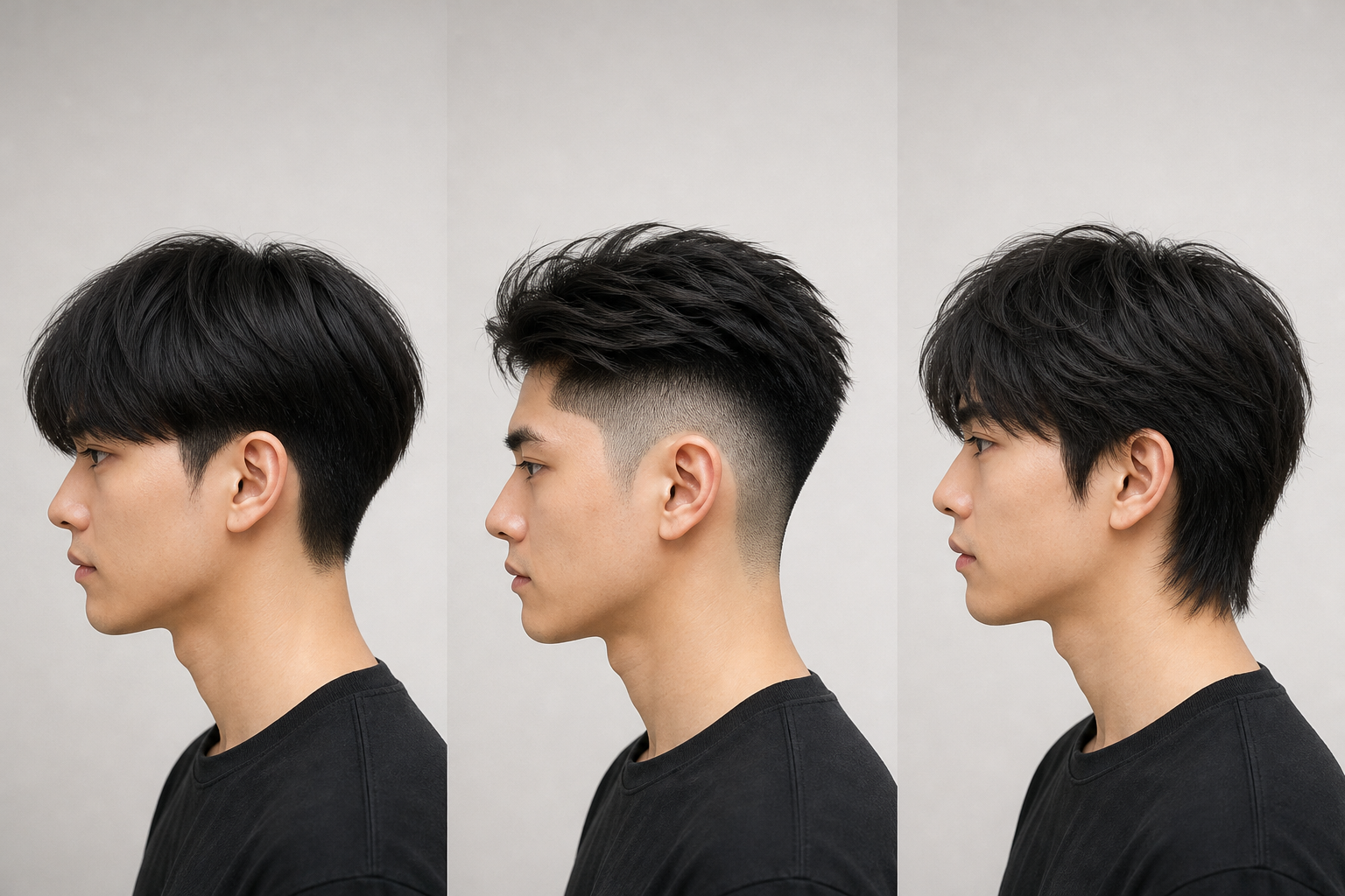 Ba kiểu tóc nam nhìn nghiêng trên nền sáng, thể hiện phần tóc hai bên và gáy được cắt khác nhau.