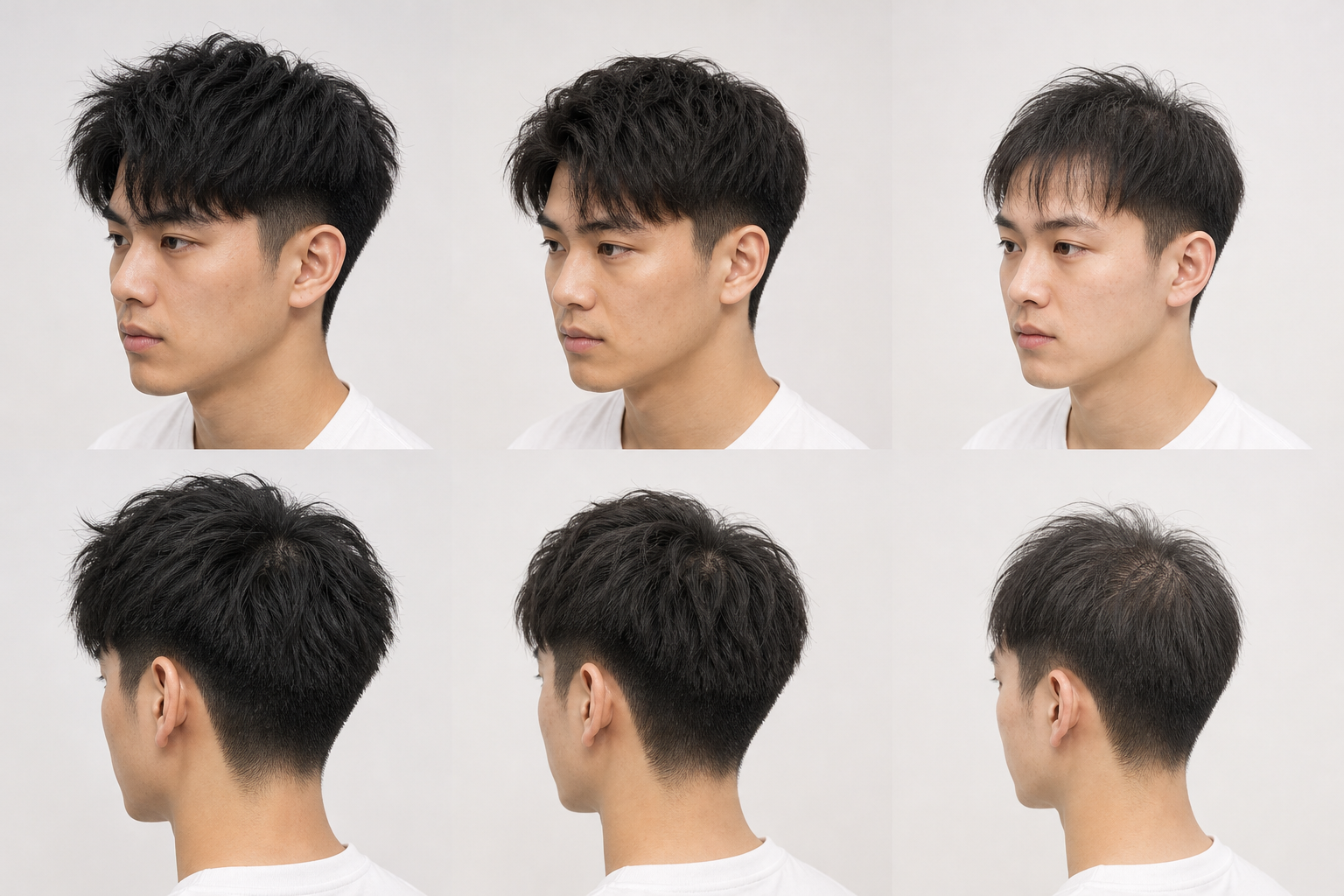 Ba góc nhìn của nam giới với kiểu kỹ thuật cắt tóc two block, phần trên dày và phồng, hai bên và gáy được cắt ngắn.