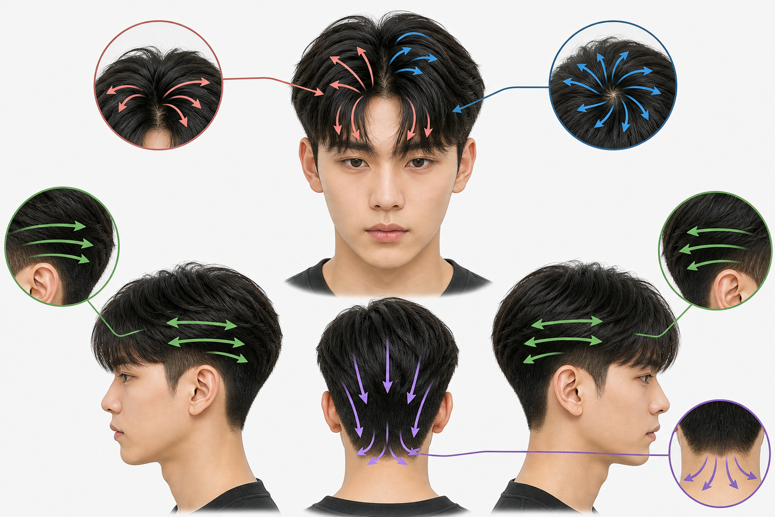 Sơ đồ mái tóc nam với các mũi tên chỉ hướng mọc và xoáy tóc ở đỉnh, hai bên và gáy trên nền trắng.