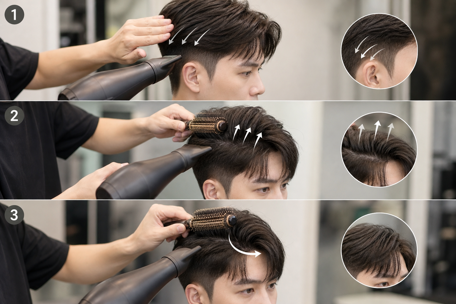 Thợ đang sấy chân tóc và chải phần mái cho kiểu tóc two block, với mũi tên hướng dẫn hướng tóc ở hai bên và trên đỉnh.