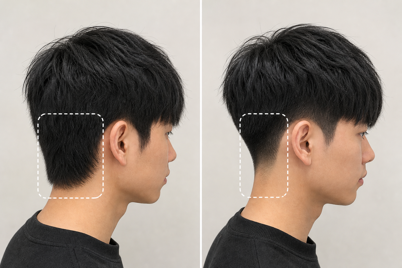 Hai ảnh chụp nghiêng một chàng trai với kiểu tóc two block, phần gáy và tóc hai bên được khoanh nét đứt để so sánh