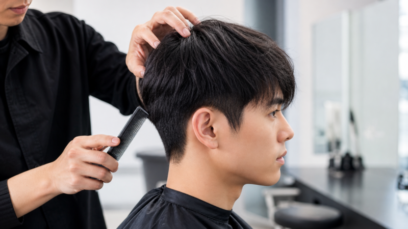 Thợ cắt tóc đang dùng lược chỉnh phần tóc hai bên và sau gáy cho khách nam ngồi trong salon