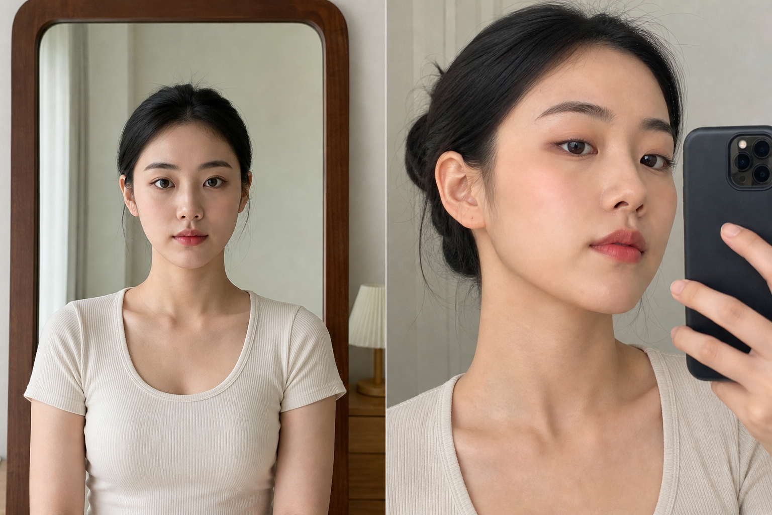 Người phụ nữ tóc đen búi gọn nhìn thẳng trong gương và chụp cận mặt bằng điện thoại từ góc nghiêng