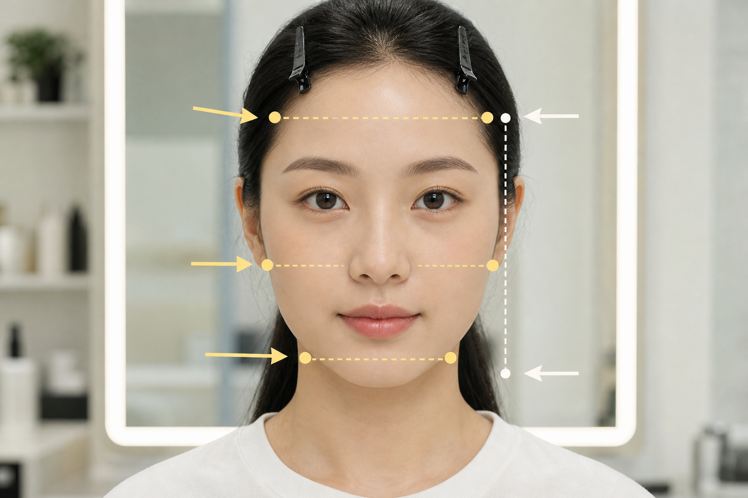 Người phụ nữ tóc đen kẹp hai bên đang nhìn thẳng, mặt có các đường chấm minh họa mốc trán, gò má, hàm và chiều dài mặt