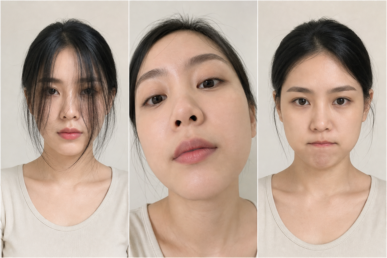 Ba ảnh chân dung một phụ nữ tóc đen buộc gọn, lần lượt nhìn thẳng, cúi cận mặt và mím môi, cho thấy các góc mặt khác nhau.