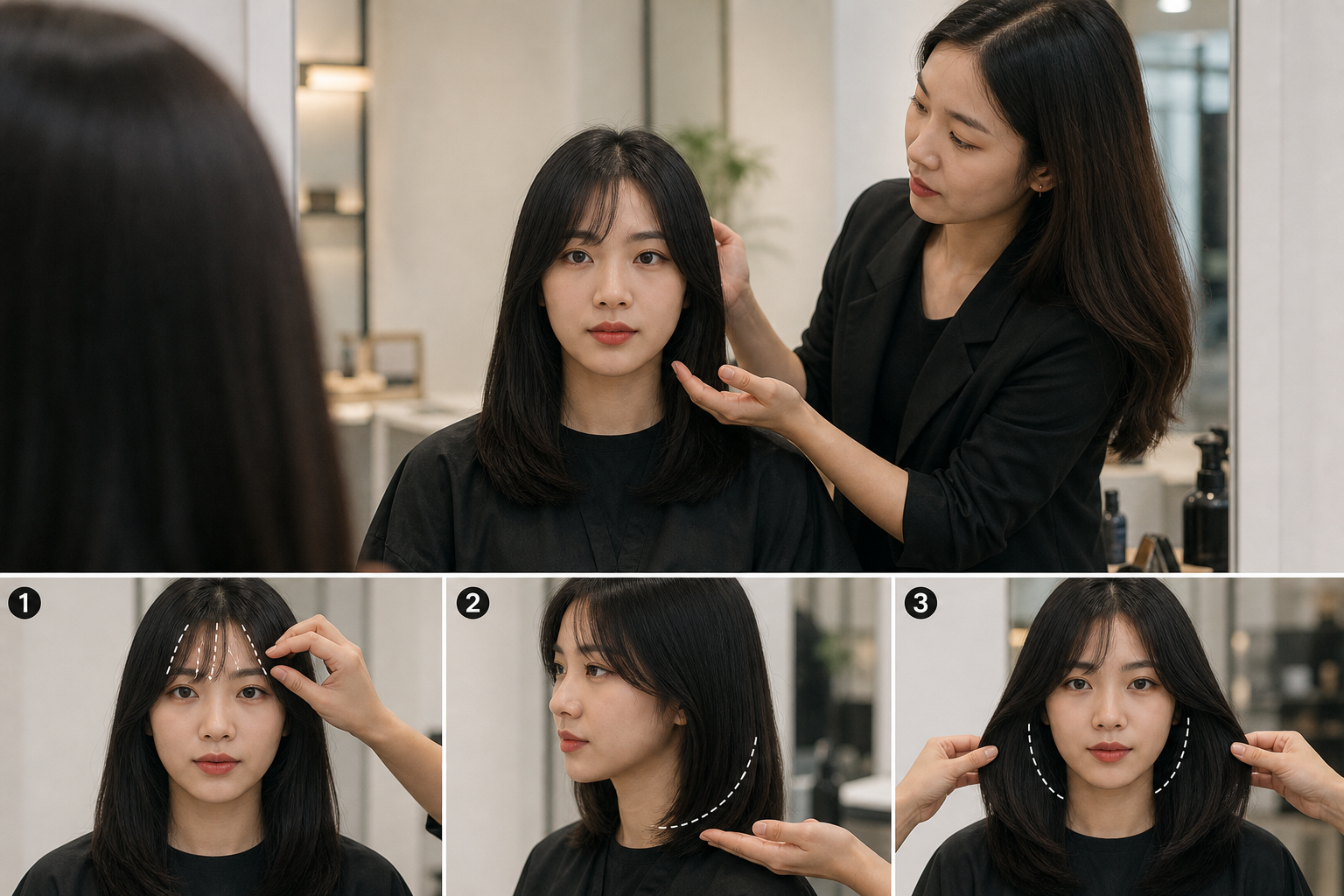Người thợ tóc đang chỉnh tóc mái và độ phồng quanh hàm cho cô gái tóc đen ngang vai trong salon