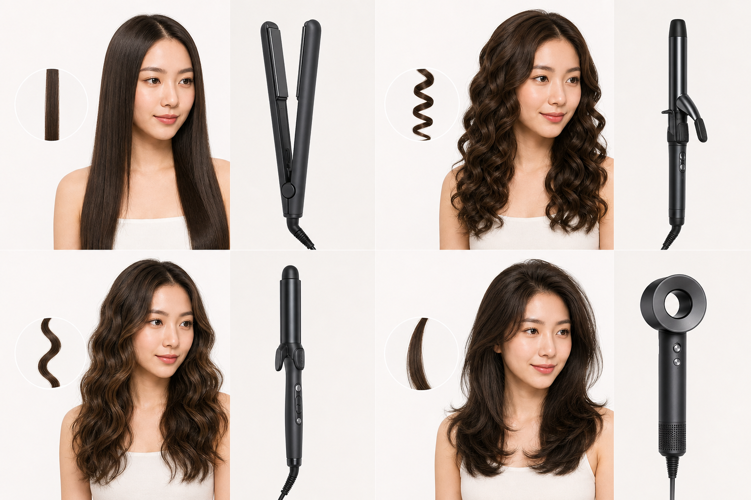 Người phụ nữ với tóc thẳng, tóc gợn sóng và máy tạo kiểu tóc màu đen được đặt cạnh các kiểu tóc khác nhau.