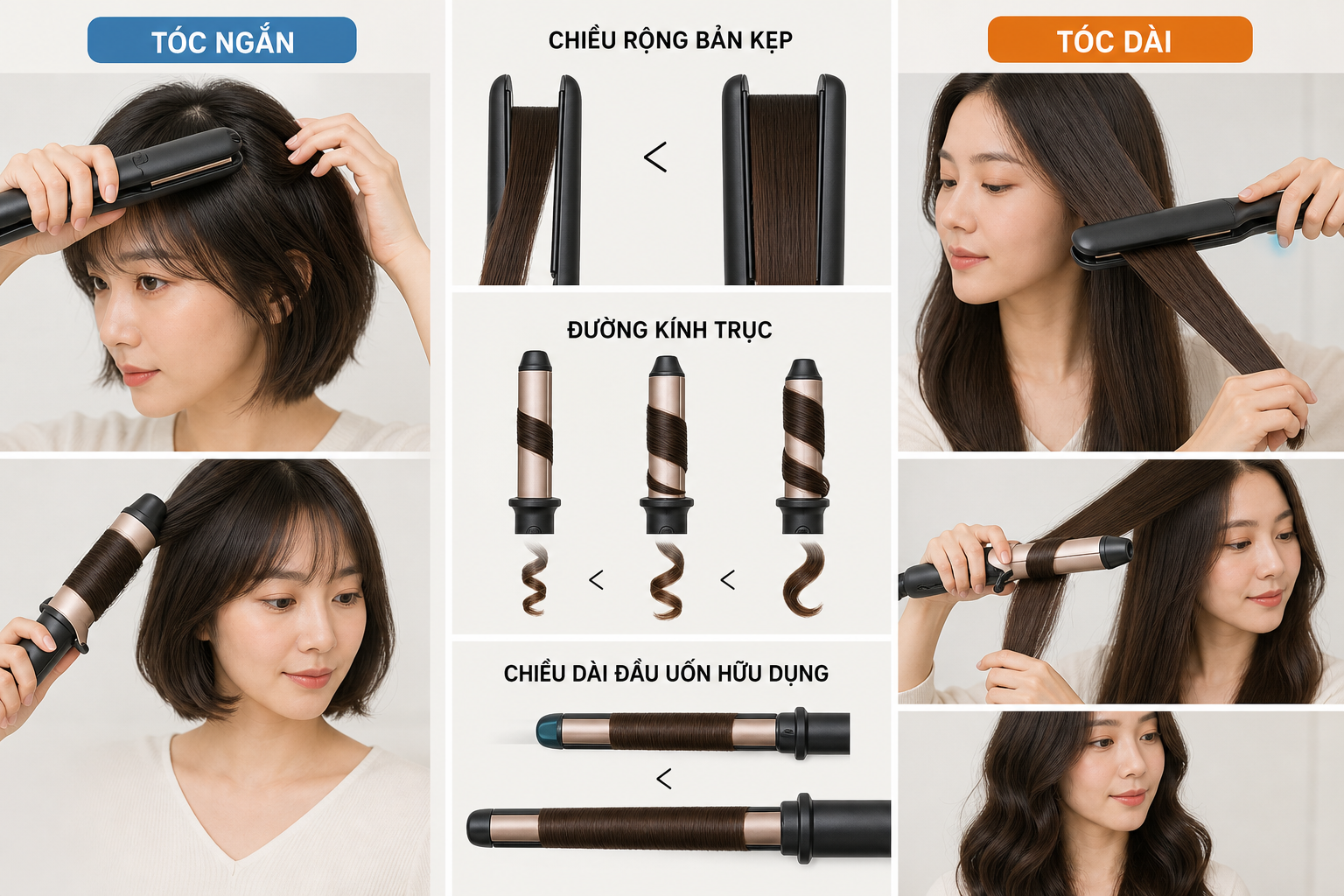 Người phụ nữ đang dùng máy tạo kiểu tóc trên tóc ngắn và tóc dài, kèm các sơ đồ so sánh chiều rộng bản kẹp và đường kính trục.
