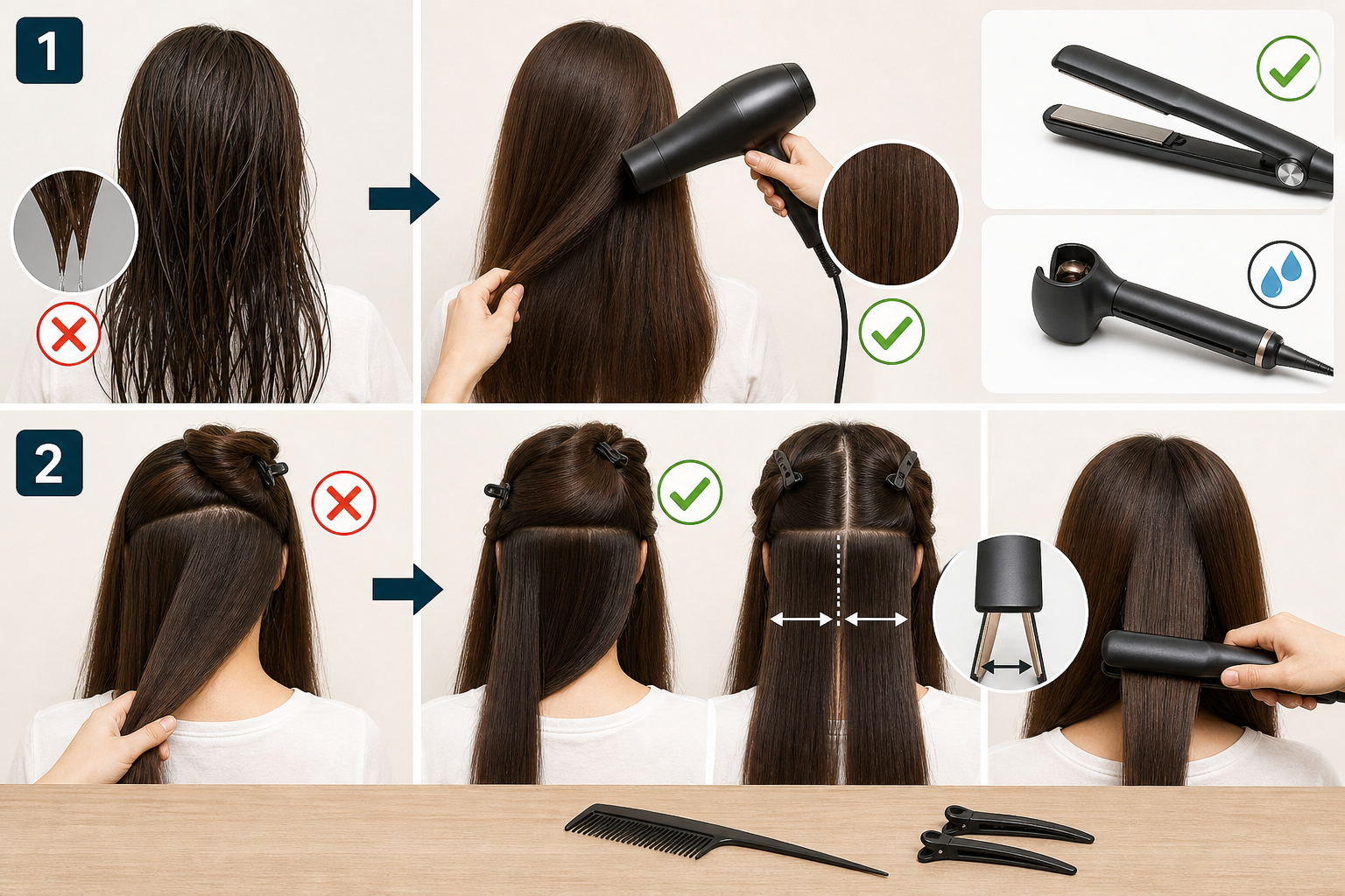 Người mẫu tóc dài đang được sấy khô và chia section trước khi dùng máy tạo kiểu tóc, kèm dấu kiểm và dấu x minh họa
