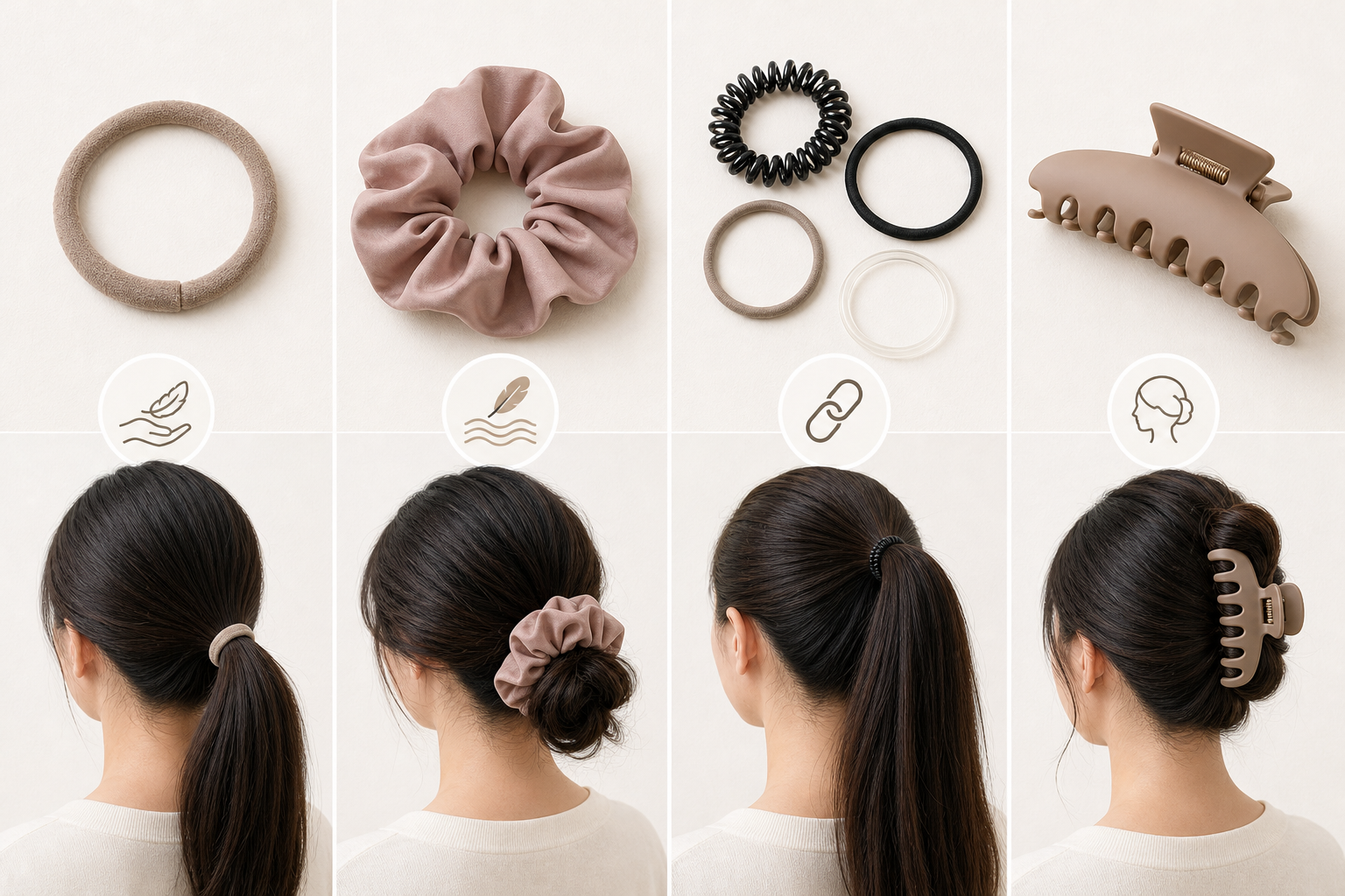 Bốn kiểu buộc tóc được so sánh trên nền sáng, gồm dây chun vải, scrunchie, dây co giãn mảnh và kẹp càng cua trên tóc buộc thấp hoặc búi