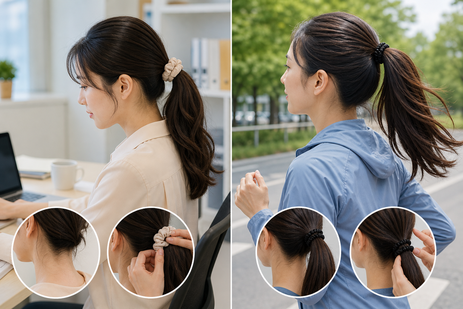 Hai phụ nữ buộc tóc đuôi ngựa bằng dây cột tóc, một người ngồi trong văn phòng và một người đang chạy ngoài trời