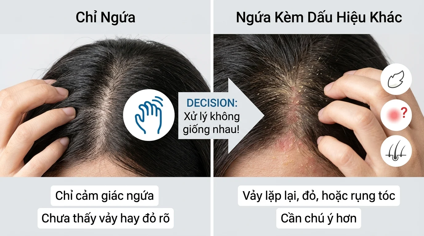 So sánh hai phần da đầu khi gãi: bên trái chỉ ngứa, bên phải có vảy, đỏ và tóc thưa hơn.