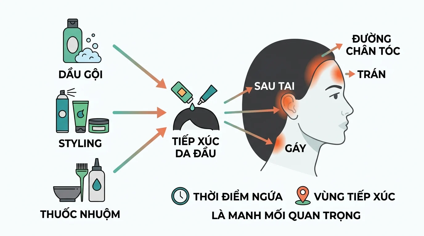 Sơ đồ cho thấy dầu gội, styling và thuốc nhuộm tiếp xúc da đầu, gây kích ứng ở sau tai, trán, gáy và đường chân tóc.