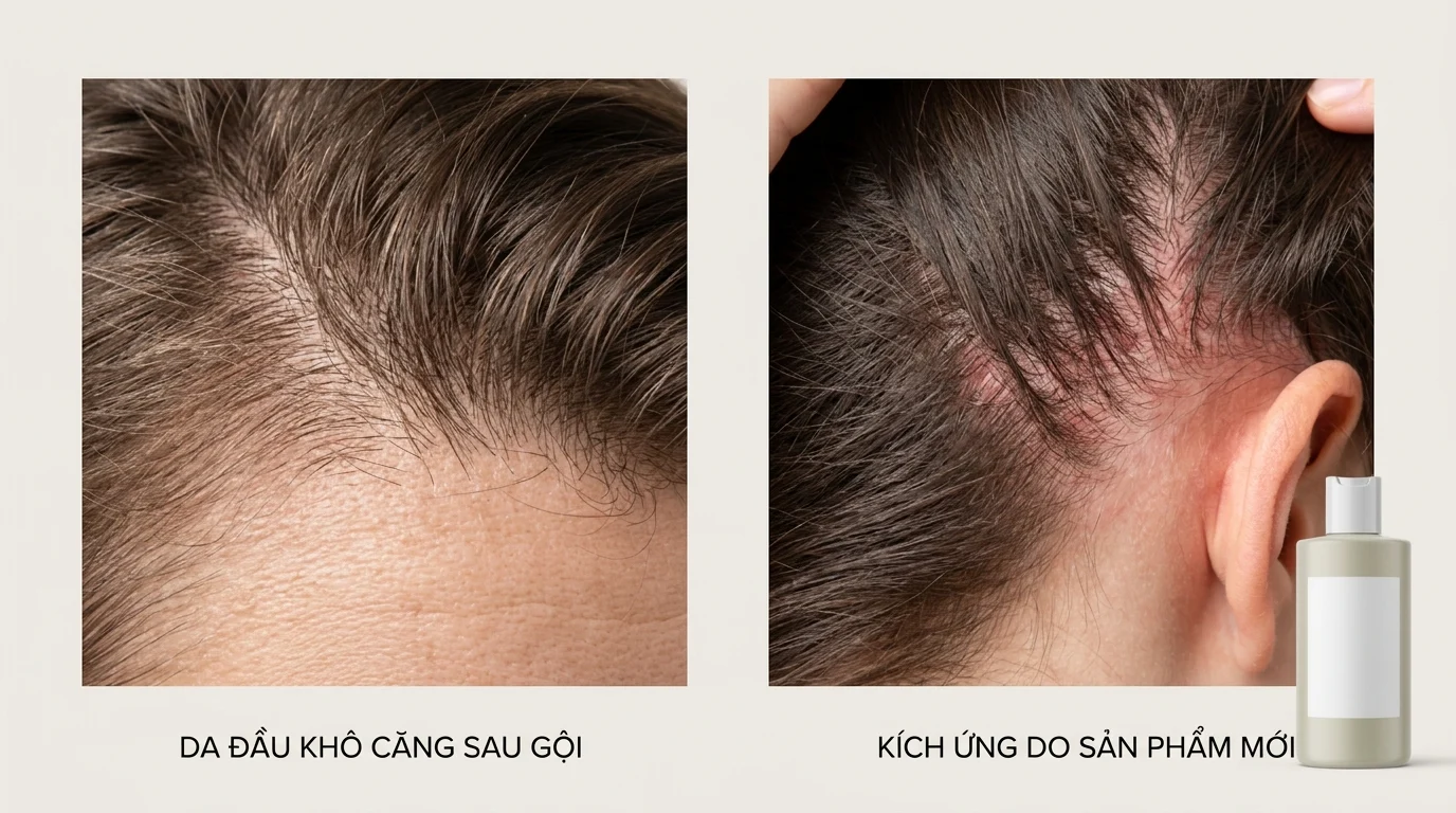 Hai cận cảnh da đầu và đường chân tóc, một bên da khô căng sau gội và một bên vùng da đỏ gần tai kèm chai sản phẩm bên cạnh