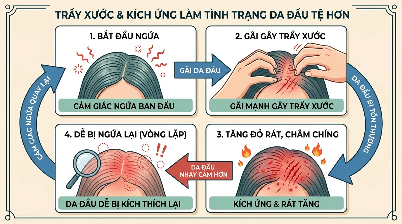 Sơ đồ bốn bước về ngứa da đầu, gãi gây trầy xước, da đầu đỏ rát và dễ bị kích thích lại.
