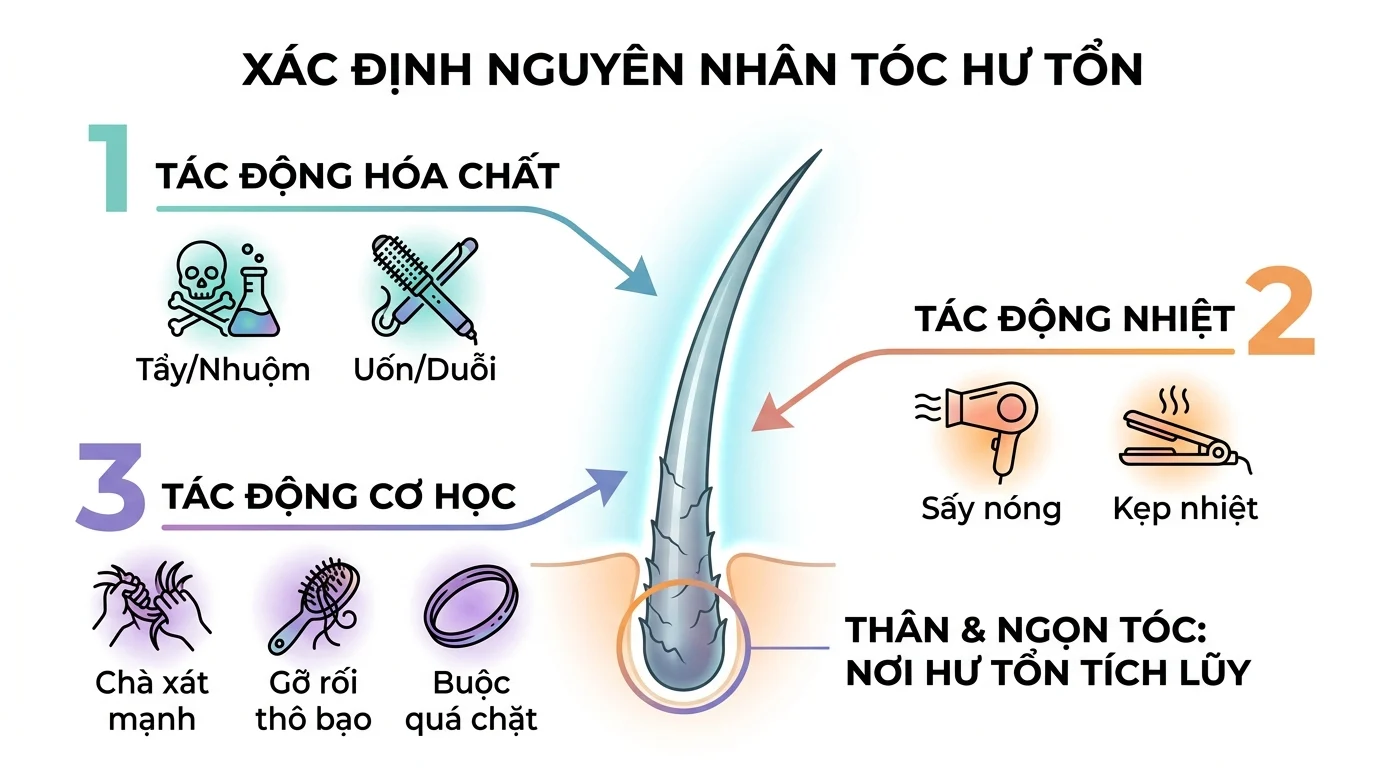 Sơ đồ xác định nguyên nhân tóc hư tổn với minh họa sợi tóc, các tác động hóa chất, nhiệt và cơ học