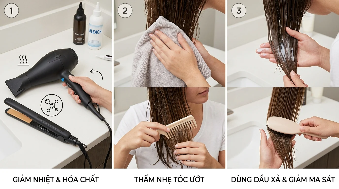 Người đang thấm nhẹ tóc ướt bằng khăn, chải và vuốt tóc trong phòng tắm với máy sấy, máy ép và chai dưỡng tóc trên bàn.