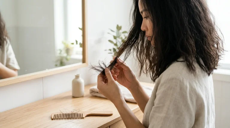Người phụ nữ đang kiểm tra tóc khô, xơ rối và chẻ ngọn trước gương, bên cạnh lược trên bàn gỗ