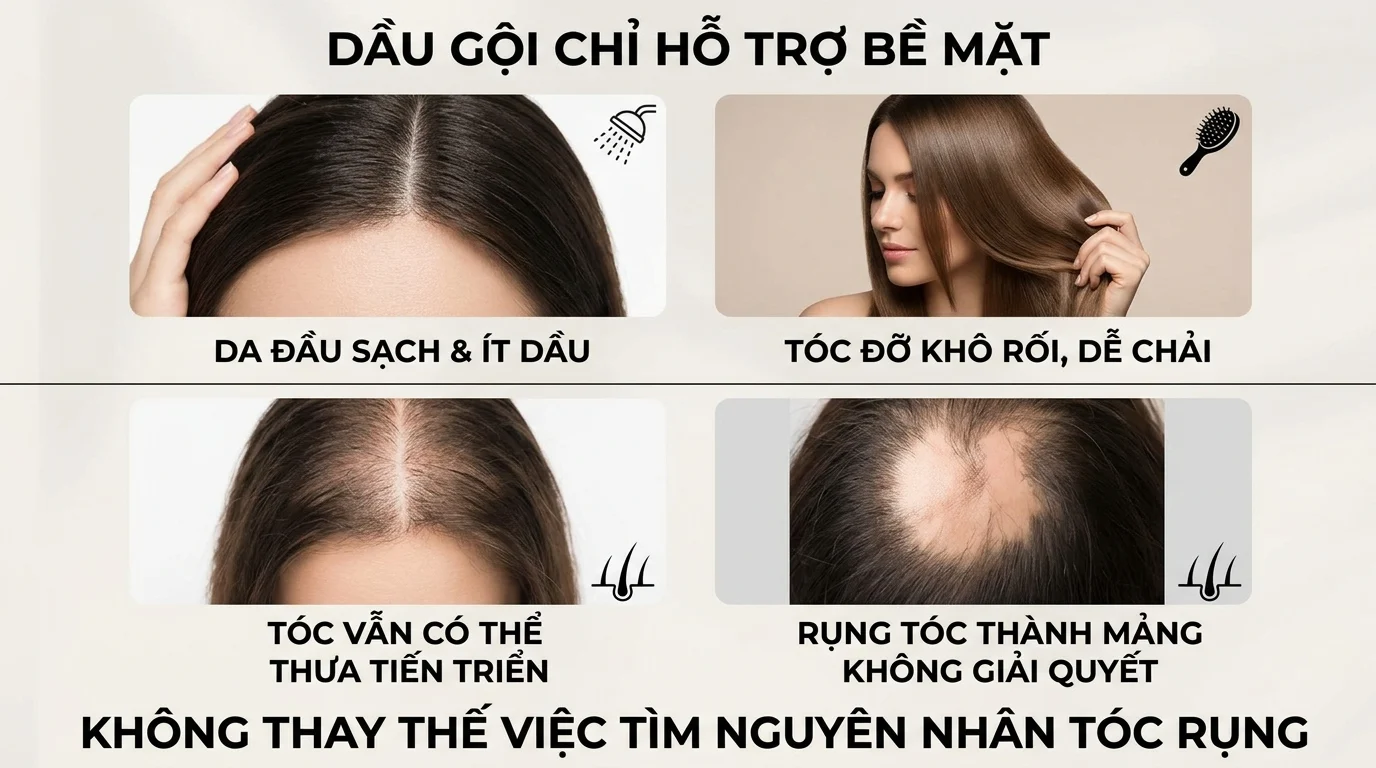 Bảng so sánh bốn hình về da đầu và tóc, gồm tóc khô rối, tóc thưa dần và một mảng rụng tóc rõ rệt.