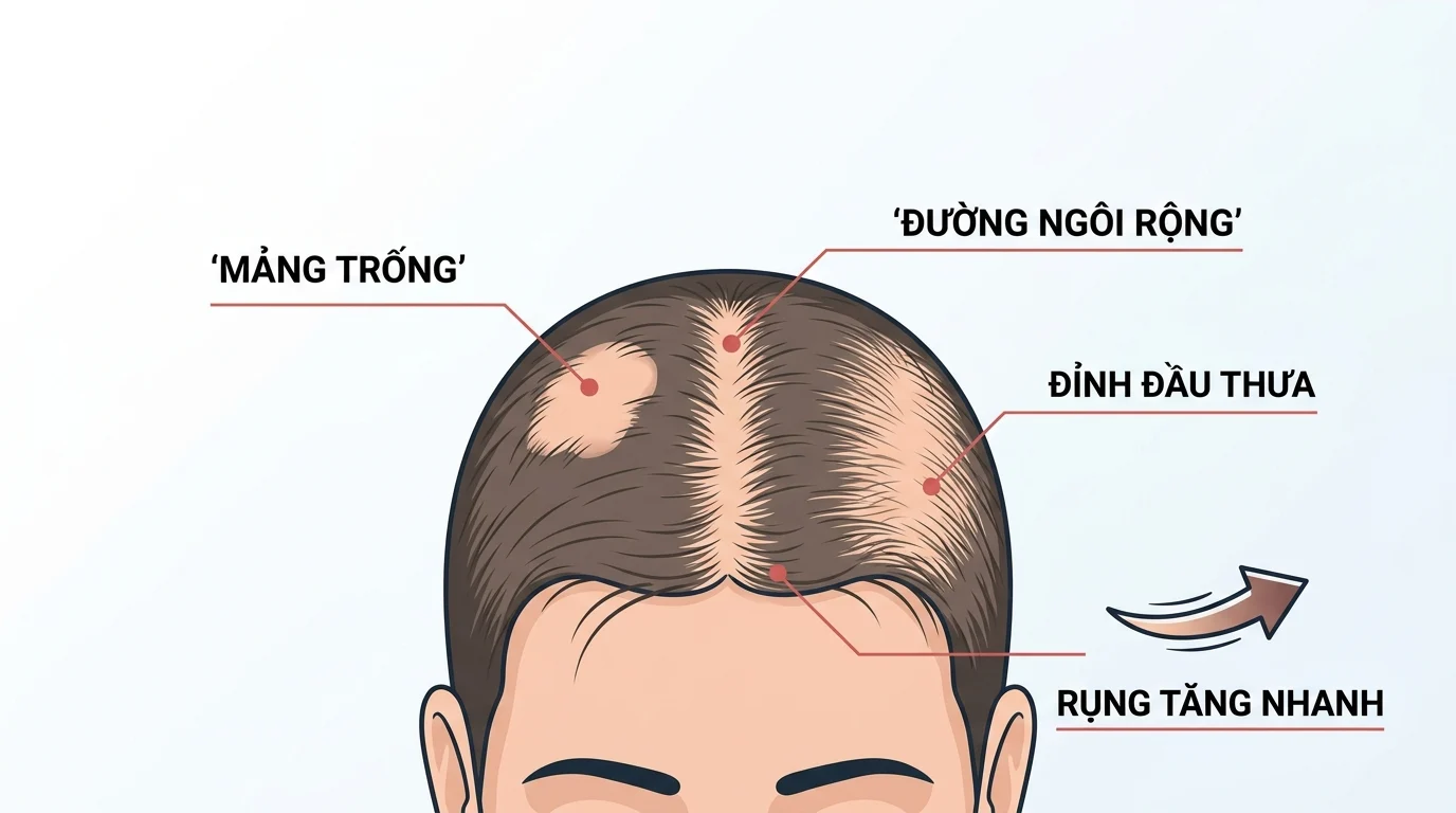 Minh họa phần đầu người với tóc thưa, có mảng trống, đường ngôi rộng và mũi tên chỉ rụng tóc tăng nhanh.