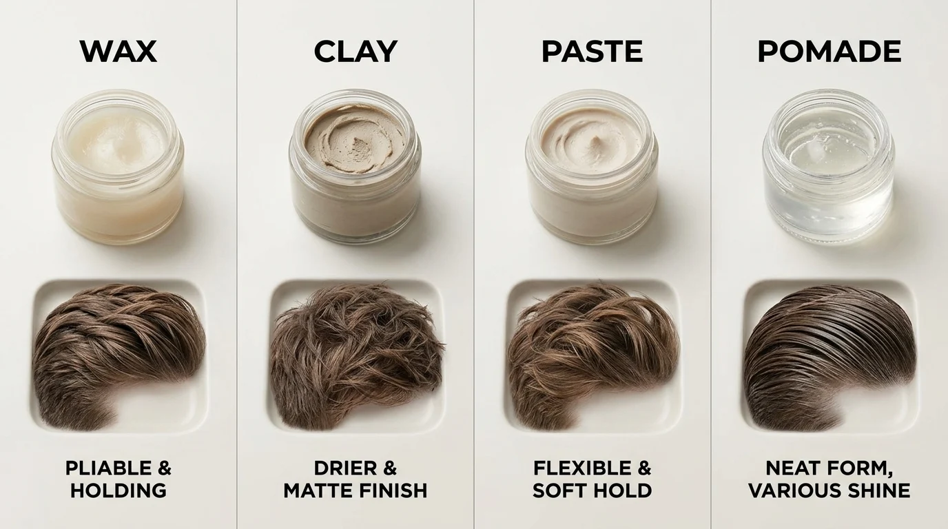 Bốn lọ sản phẩm tạo kiểu tóc nam được đặt cạnh mẫu tóc, so sánh wax, clay, paste và pomade.