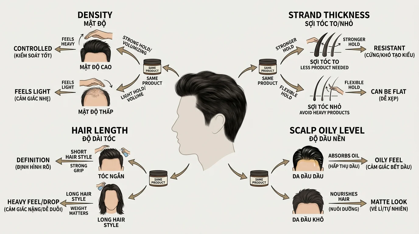 Infographic về các yếu tố tóc như mật độ, độ dài, sợi tóc và độ dầu da đầu ảnh hưởng đến kiểu tạo kiểu bằng sáp vuốt tóc nam.