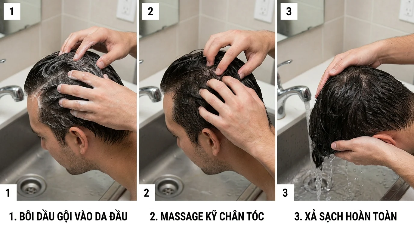 Người đàn ông đang gội đầu trong bồn rửa, dùng tay massage da đầu và xả sạch tóc dưới vòi nước.