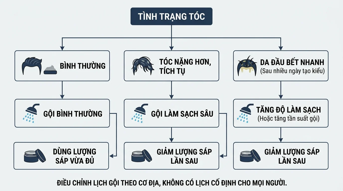 Sơ đồ hướng dẫn điều chỉnh cách gội theo tình trạng tóc khi dùng sáp vuốt tóc nam và mức độ bết, tích tụ khác nhau.