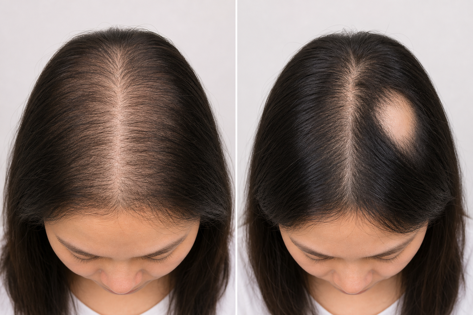 Người phụ nữ cúi đầu với tóc rẽ ngôi lộ da đầu, một bên có mảng tóc thưa rõ