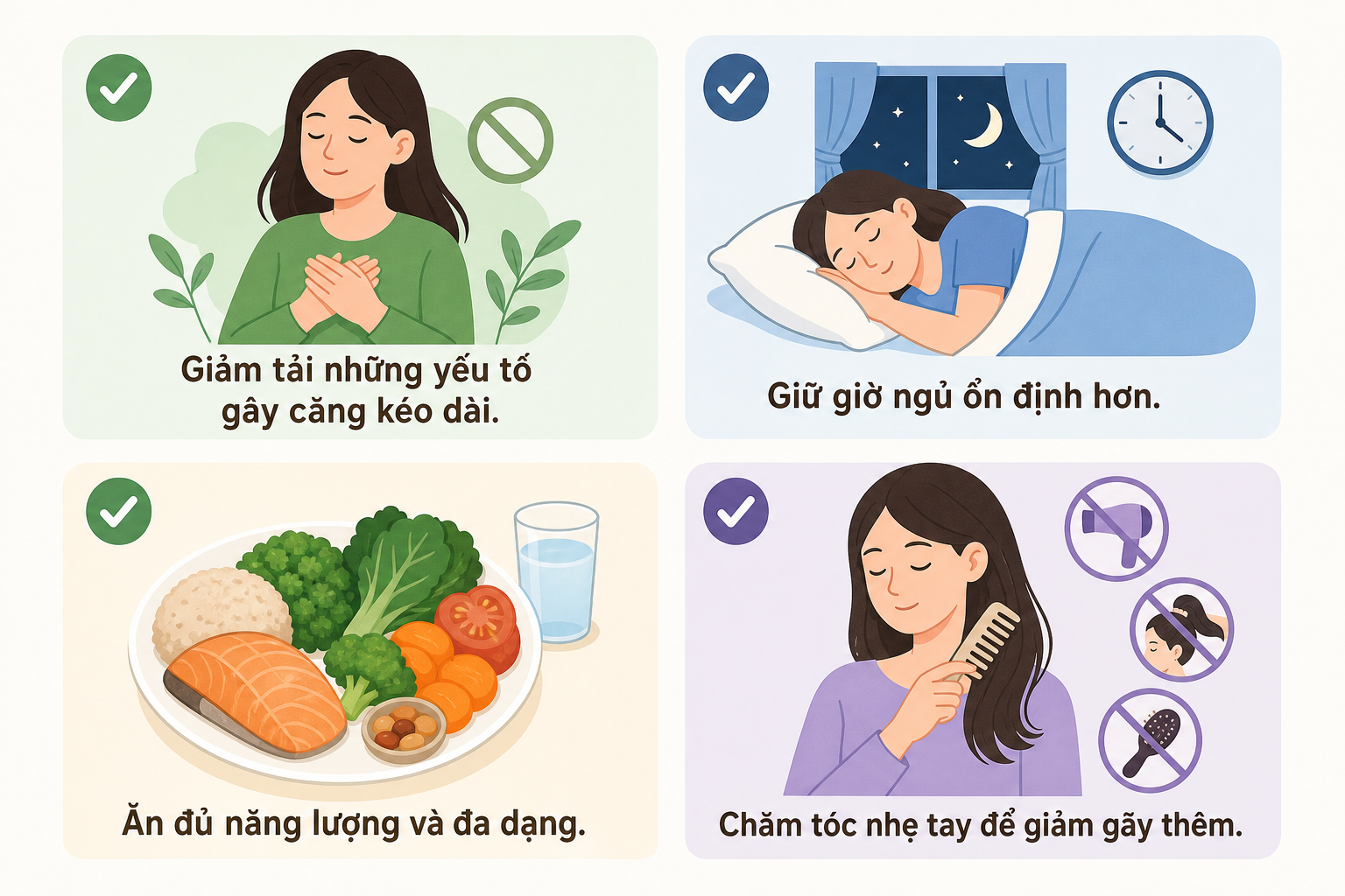 Bốn khung minh họa các thói quen chăm sóc sức khỏe: giảm căng thẳng, ngủ đều giờ, ăn uống đầy đủ và chải tóc nhẹ nhàng.
