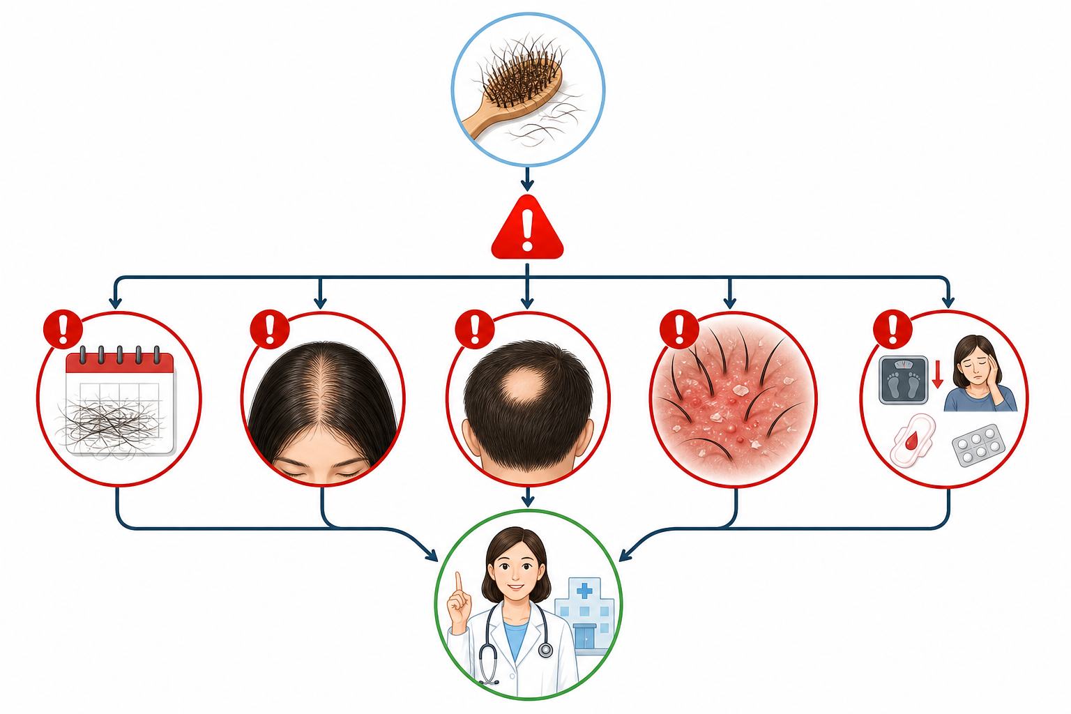 Sơ đồ các dấu hiệu rụng tóc với lược nhiều tóc rụng, mảng hói, da đầu kích ứng và bác sĩ tư vấn