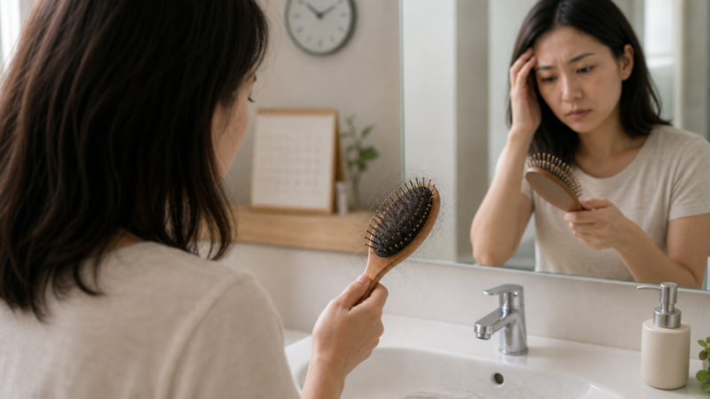 Người phụ nữ nhìn tóc rụng trên lược trong gương, đứng trước bồn rửa phòng tắm với vẻ lo lắng