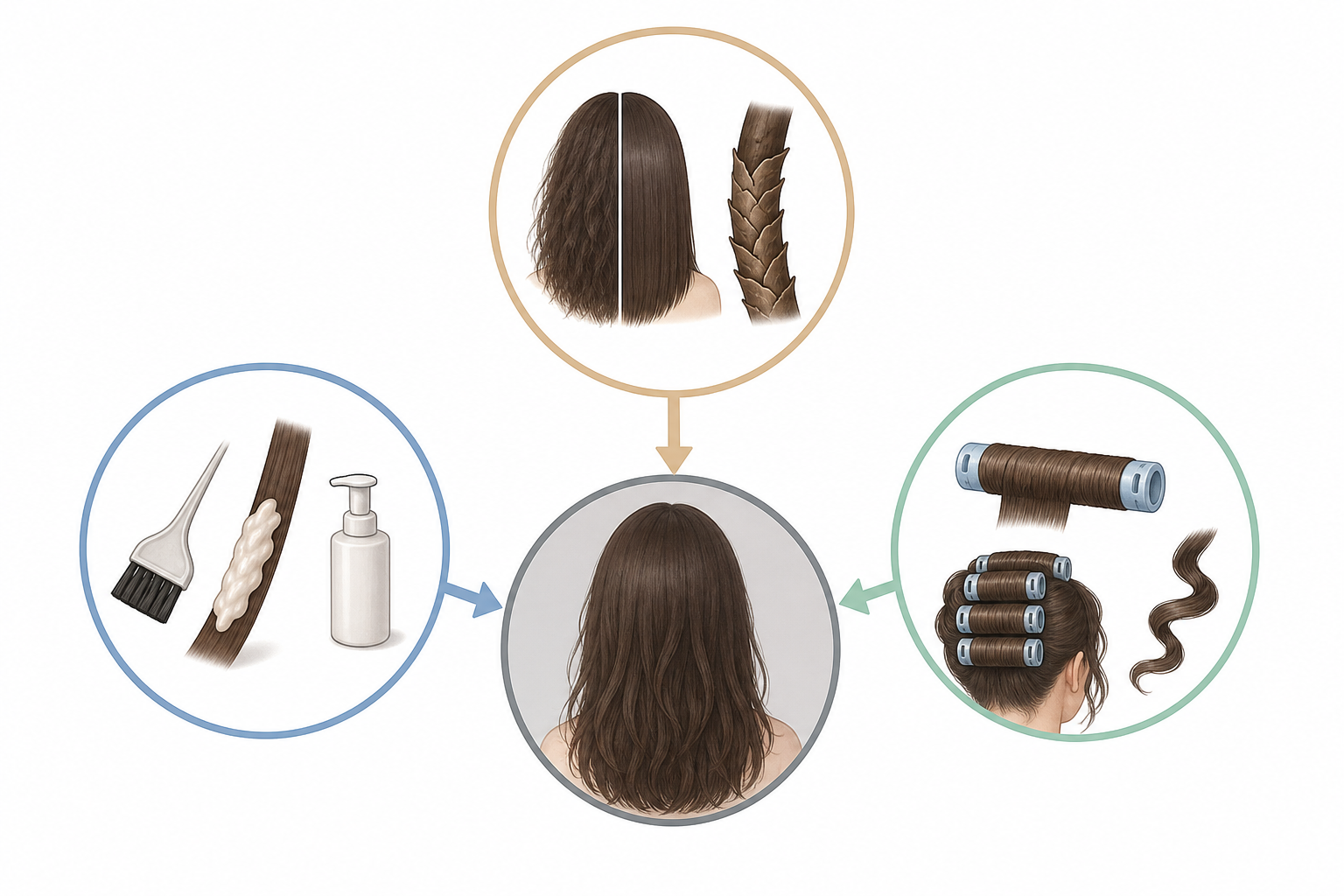 Sơ đồ so sánh tóc uốn không xoăn với tóc thẳng, kèm bàn chải, chai dưỡng và lô cuốn tóc
