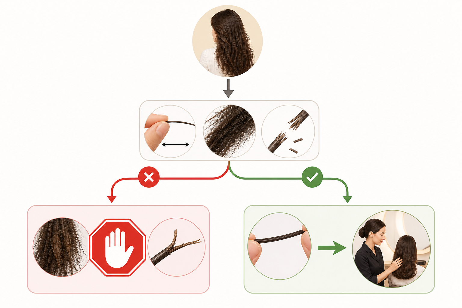 Sơ đồ về tóc uốn không xoăn, với các hình cận cảnh sợi tóc, tóc hư tổn và thợ tóc đang tư vấn khách trong salon.